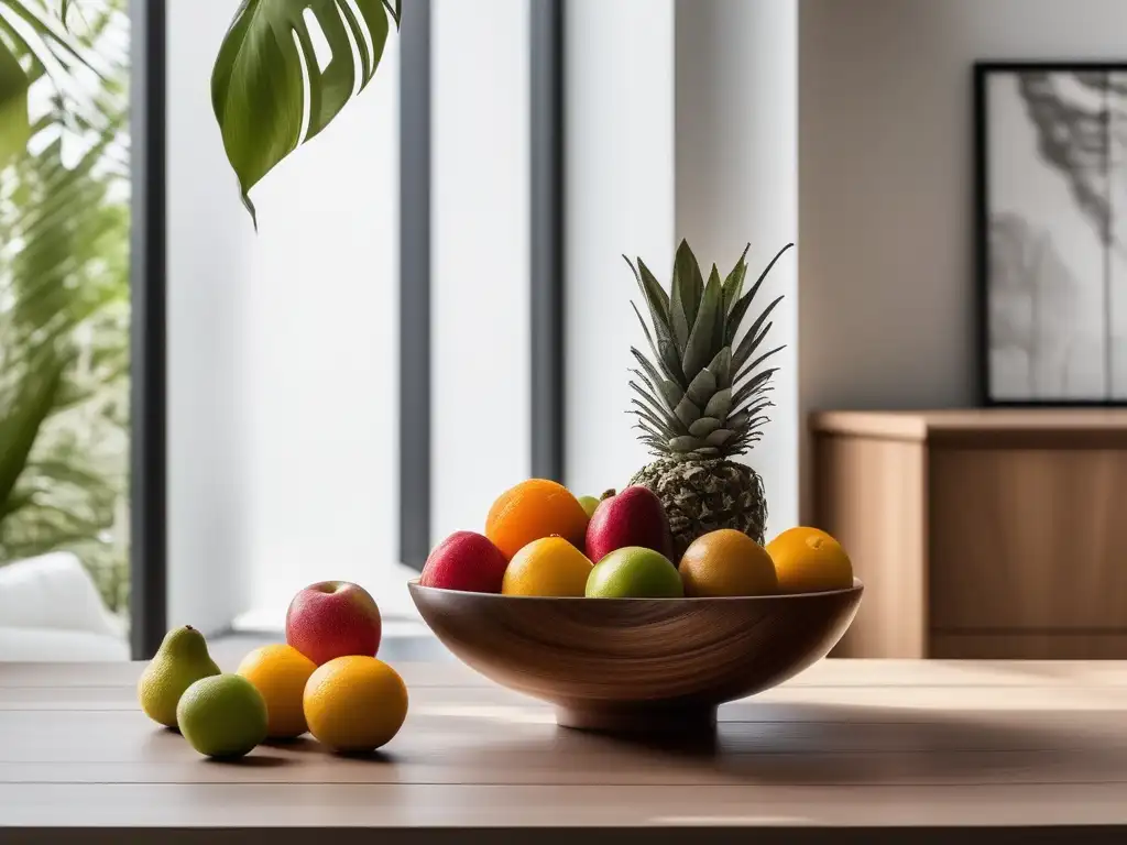 Escena serena y minimalista con mesa de madera, frutas frescas y plantas, promoviendo mindfulness en trastornos alimentarios