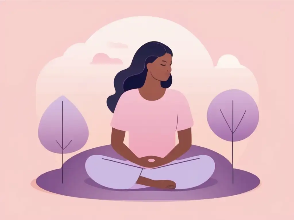 Ilustración minimalista y relajante de una persona meditando rodeada de pensamientos y emociones