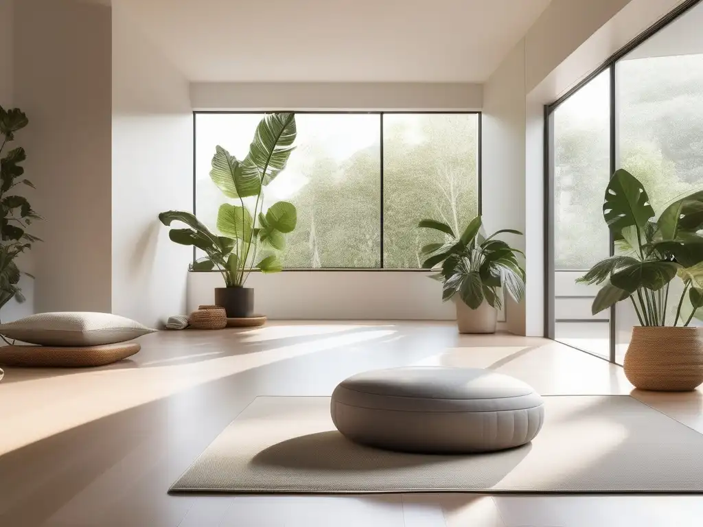 Habitación minimalista y tranquila para practicar mindfulness, con abundante luz natural y elementos modernos