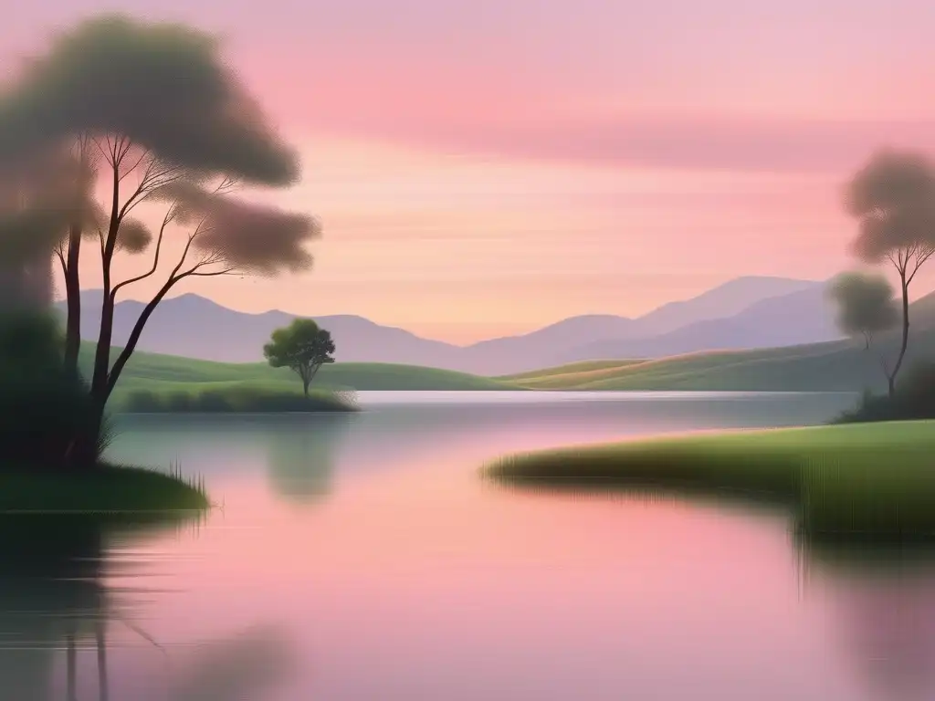 Paisaje sereno al amanecer con lago, colinas verdes y prácticas de mindfulness para serenidad