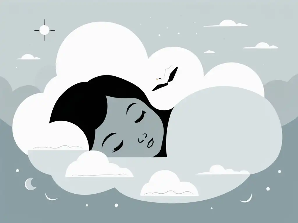 Ilustración minimalista y serena de un niño durmiendo rodeado de nubes, transmitiendo tranquilidad y la importancia del sueño para el bienestar