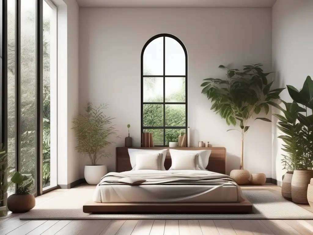 Habitación minimalista y serena con luz natural, plantas y rincón de meditación acogedor