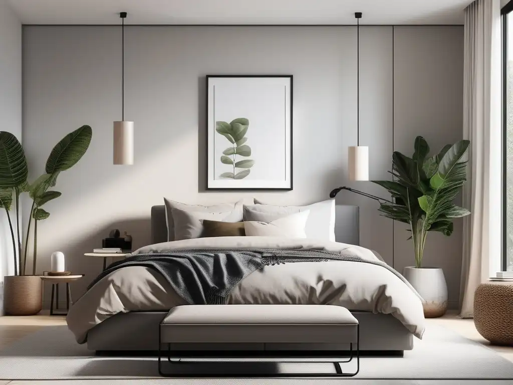 Habitación minimalista con diseño moderno, luz natural, cama impecable, planta y arte - Señales de alerta en salud mental