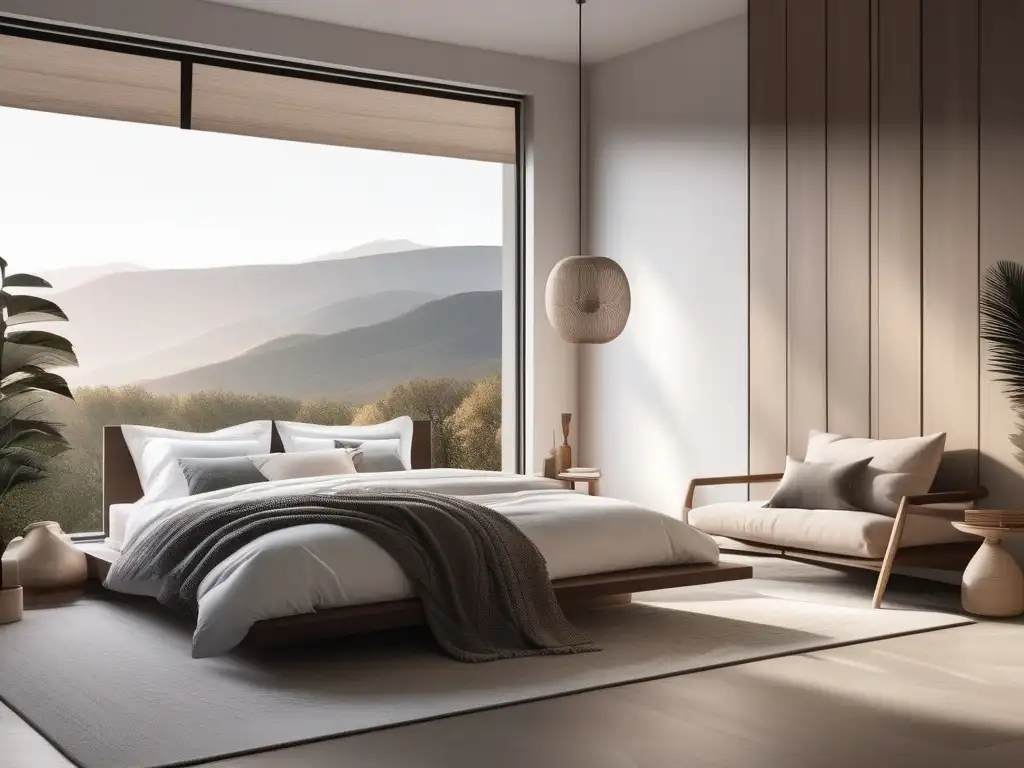 Habitación minimalista con vista a paisaje tranquilo, ideal para meditar y conciliar el sueño