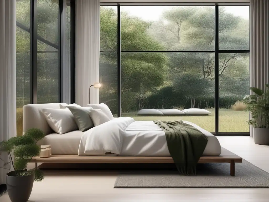 Dormitorio minimalista con vistas a un paisaje verde relajante