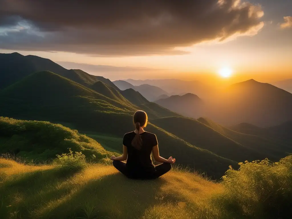 Sentado en la cima de la montaña, practicando mindfulness y disfrutando del atardecer, destacando la importancia del logro en la salud mental