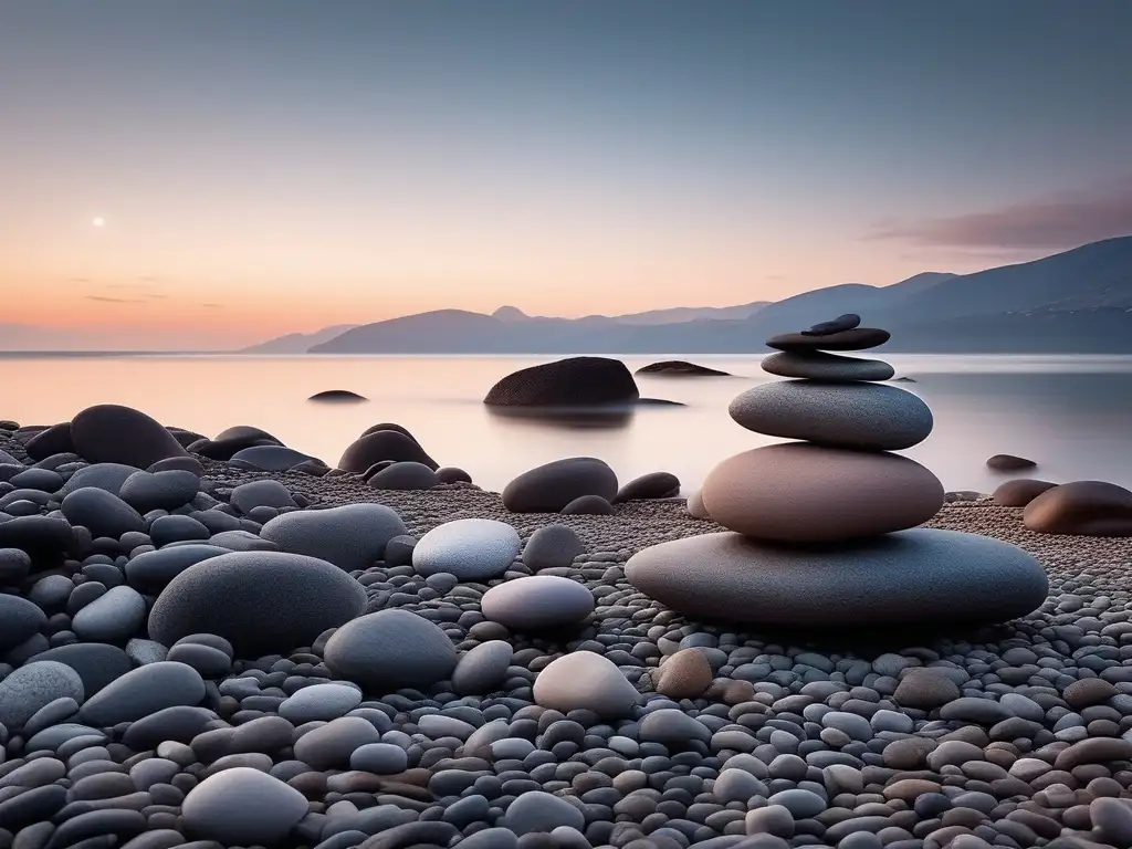 Una imagen de serenidad y equilibrio con un cielo pastel y una roca gris en un lecho de guijarros