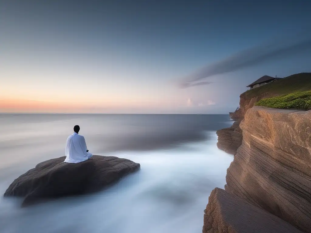 Beneficios de la meditación para superar el desamor: Persona en meditación solitaria en acantilado, mirando al mar