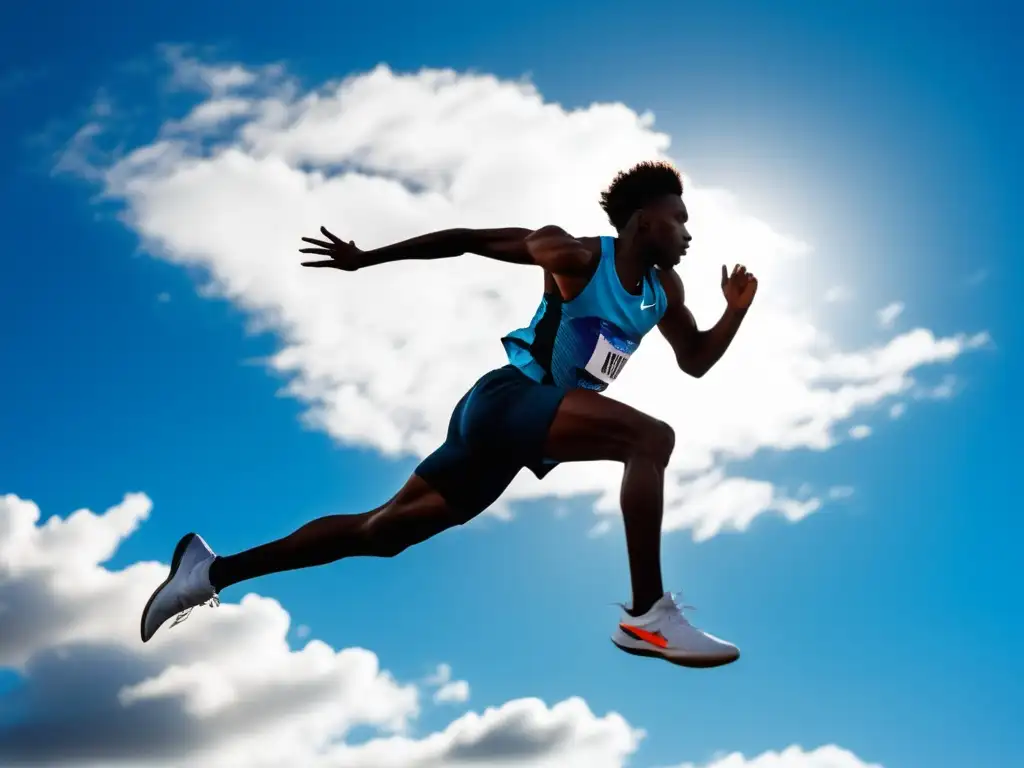 Silueta atleta salto alto cielo azul nubes blancas deporte estigmas salud mental