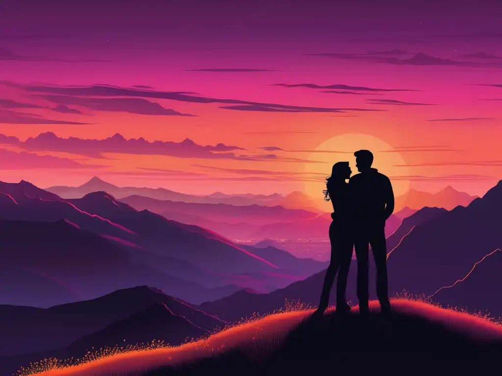 Pareja abrazada en montaña al atardecer, simbolizando amor y conexión