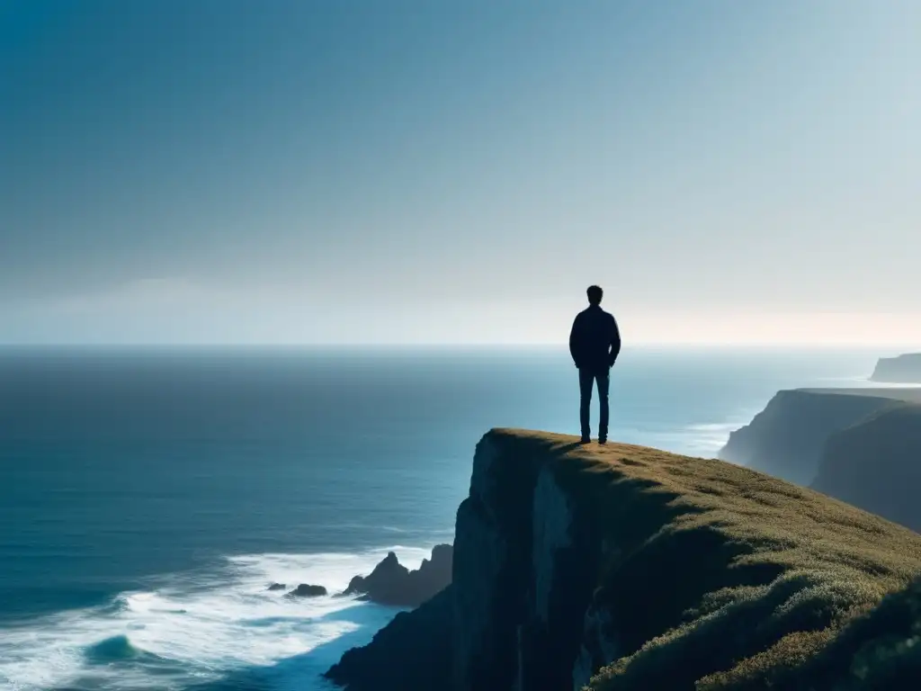 Silueta minimalista en un acantilado frente al mar, transmitiendo calma y reflexión