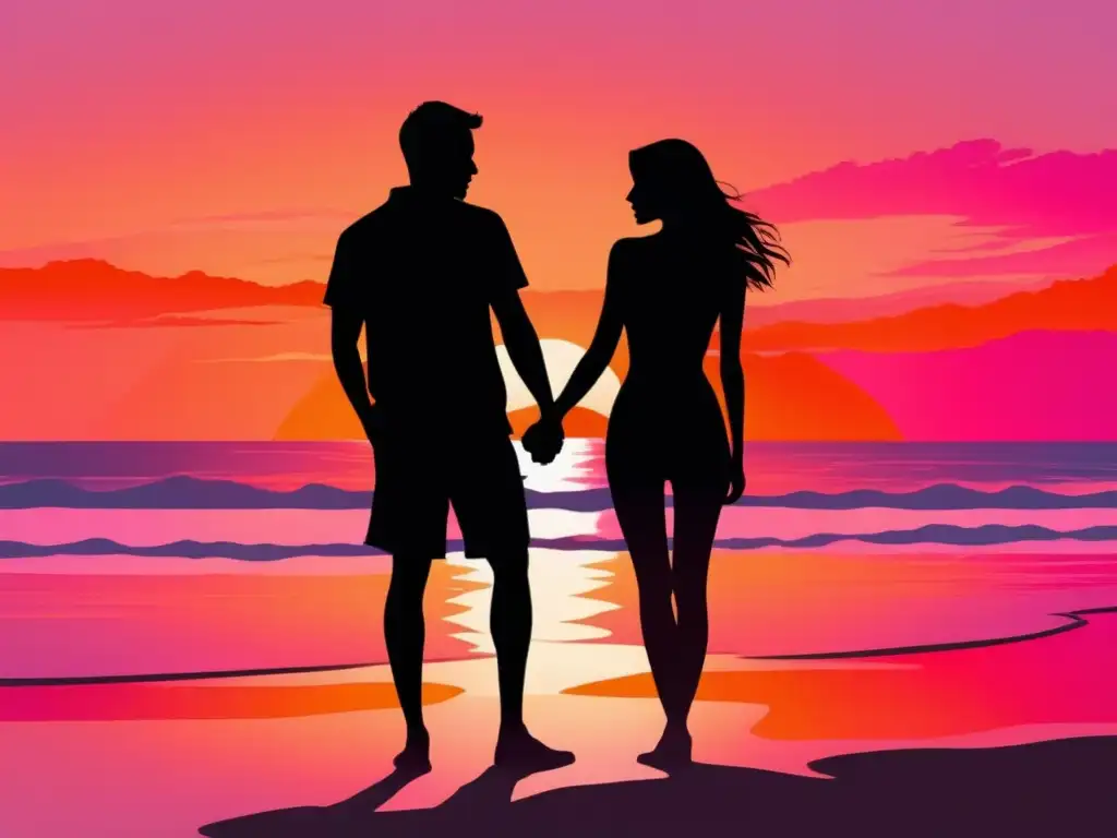 Pareja abrazándose al atardecer en la playa - Técnicas manejo estrés relaciones distancia