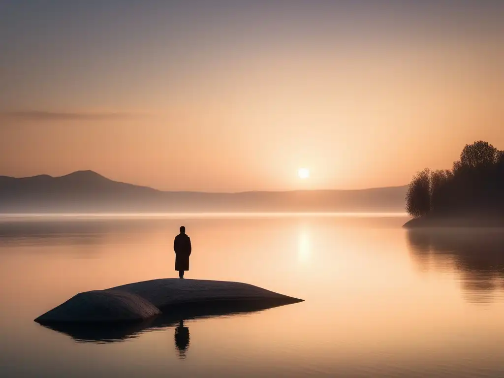 Figura solitaria en lago sereno, iluminada por rayos de sol dorados