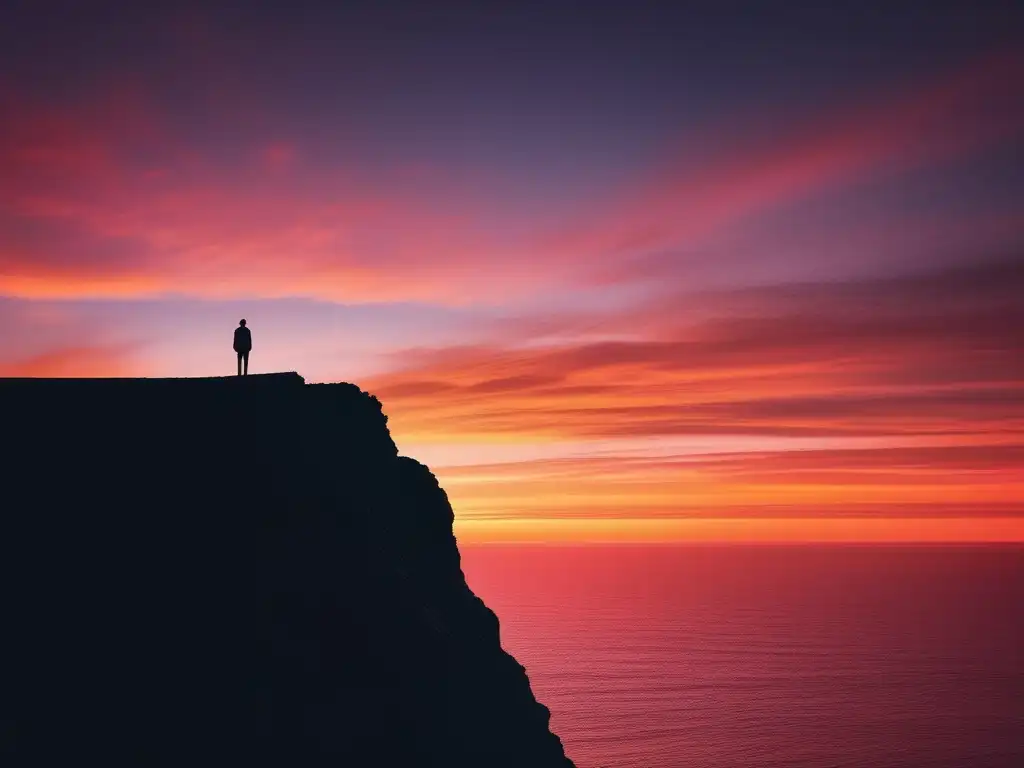 Silueta en acantilado con puesta de sol, reflejo de baja autoestima - Cómo mejorar autoestima baja