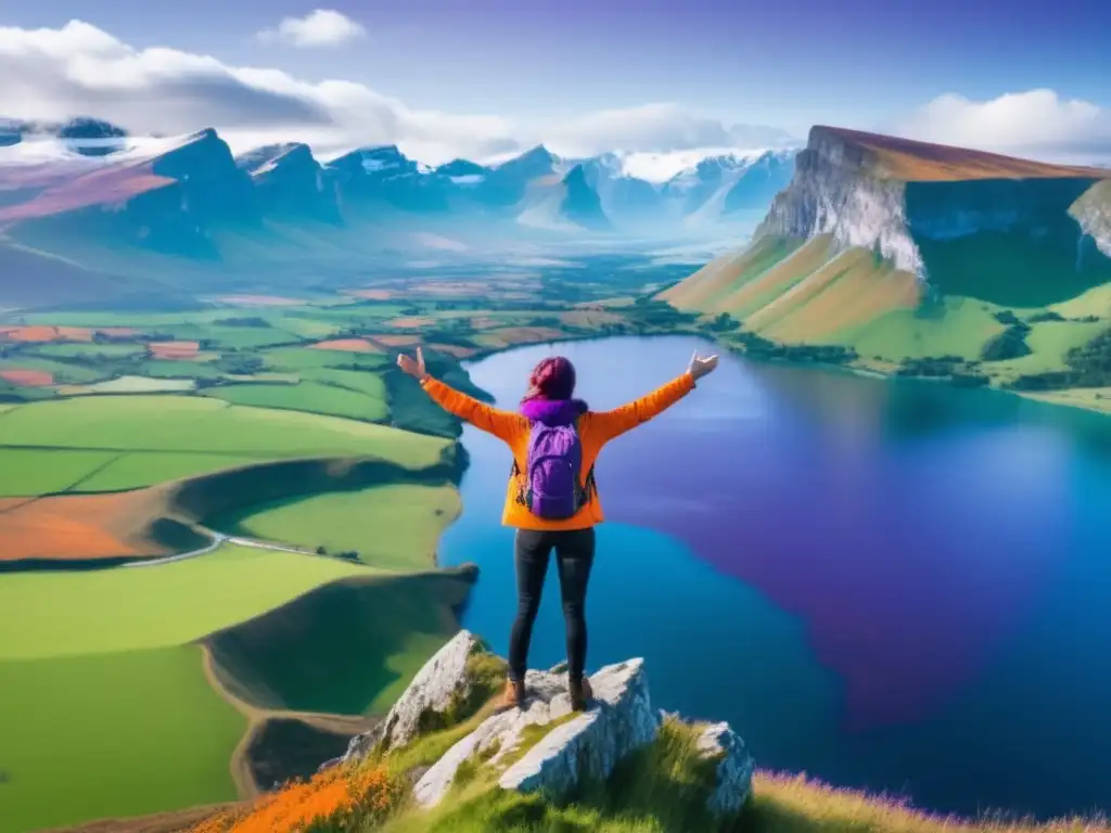 Persona en el borde de un acantilado, admirando un paisaje tranquilo y victorioso