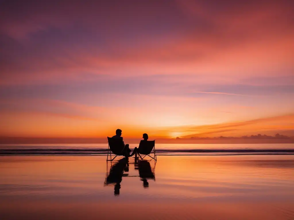 Pareja en playa al atardecer, buscando equilibrio y cuidado personal (Manejo del estrés en relaciones de pareja)