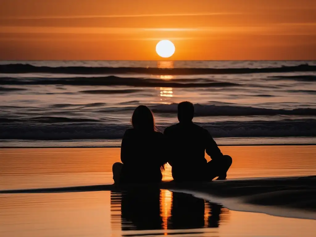 Manejo del estrés en parejas: Siluetas en una tranquila playa al atardecer, simbolizando la desconexión y el deseo de conexión