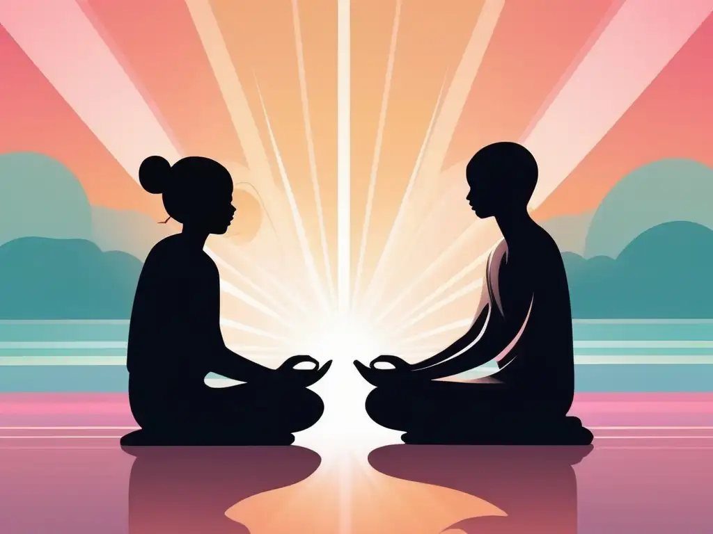 Beneficios meditación en relaciones: dos siluetas en serena meditación, fondo abstracto, energía positiva y tranquilidad