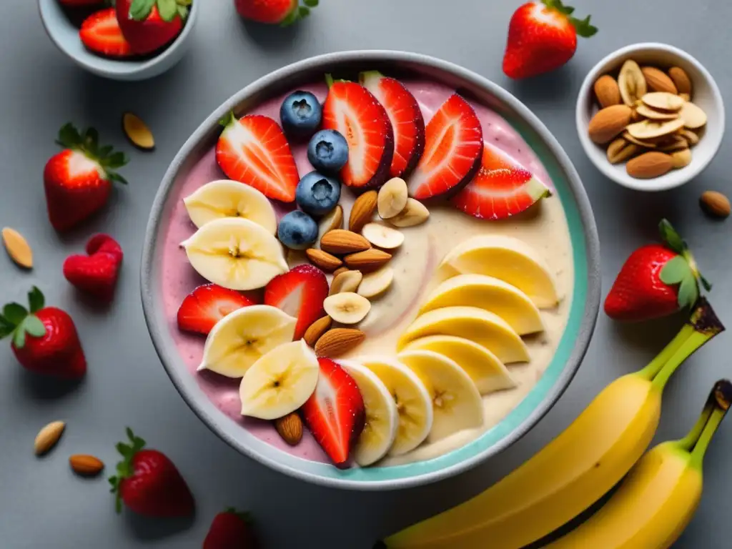 Smoothie bowl energético y colorido con plátanos, fresas y almendras - Alimentos para energía y ánimo