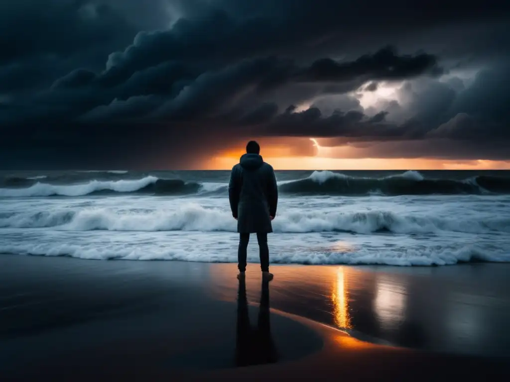 Persona solitaria en una playa desolada durante una tormenta al atardecer