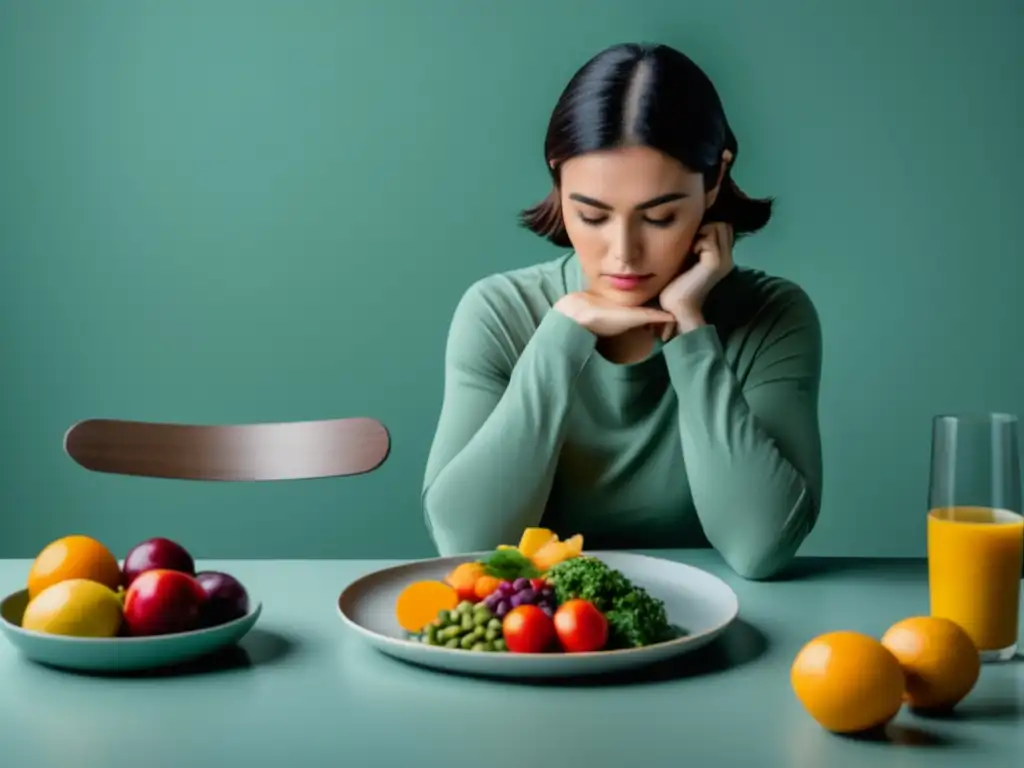 Persona reflexiva con plato de comida sana y colorida en mesa minimalista - Importancia hábitos alimenticios saludables