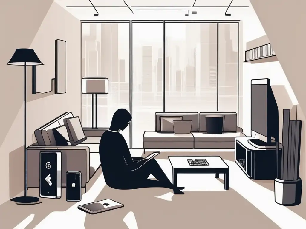 Una ilustración minimalista de una persona solitaria rodeada de dispositivos electrónicos en una habitación moderna