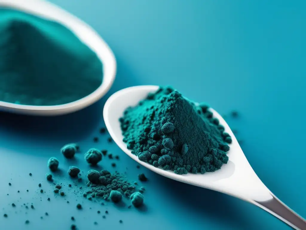 Beneficios Espirulina para Salud Cerebral: Imagen ultra detallada de un polvo azul vibrante de espirulina en una cuchara blanca moderna