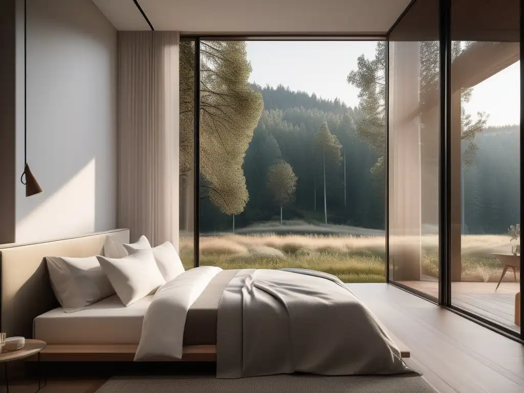 Habitación minimalista con ventana y paisaje tranquilo