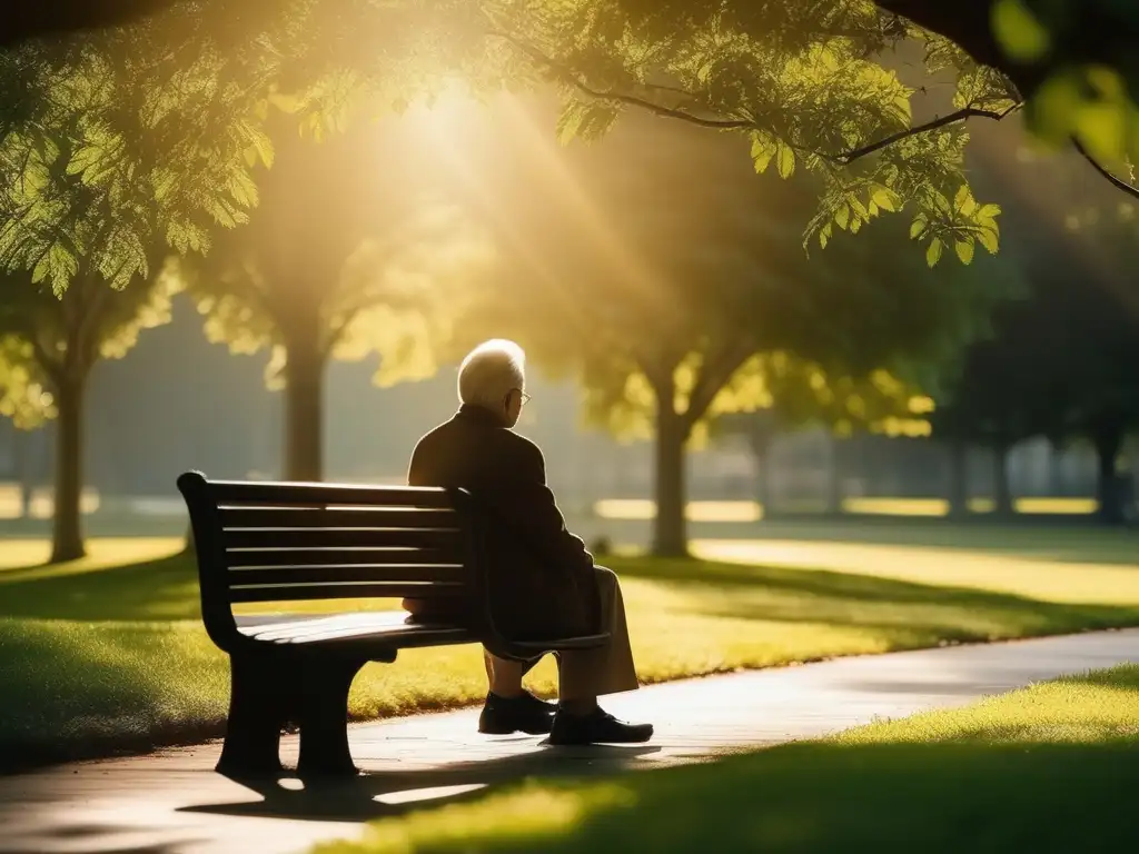 Persona mayor en banco de parque rodeada de naturaleza, simbolizando la importancia de la salud mental en la tercera edad