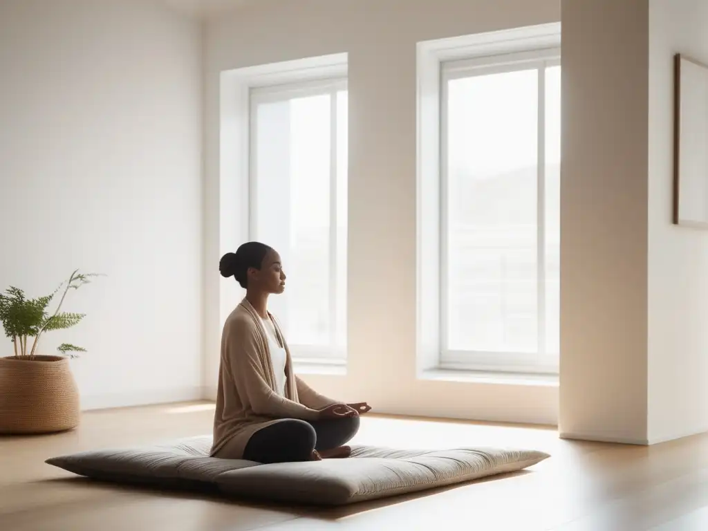 Beneficios meditación para estrés laboral: persona meditando en habitación luminosa y minimalista