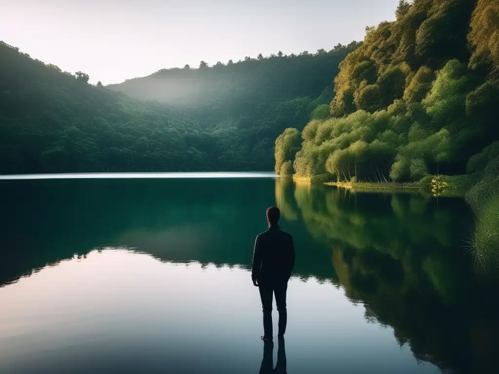 Persona en lago sereno rodeada de naturaleza, reflejando beneficios de PNL en desarrollo personal