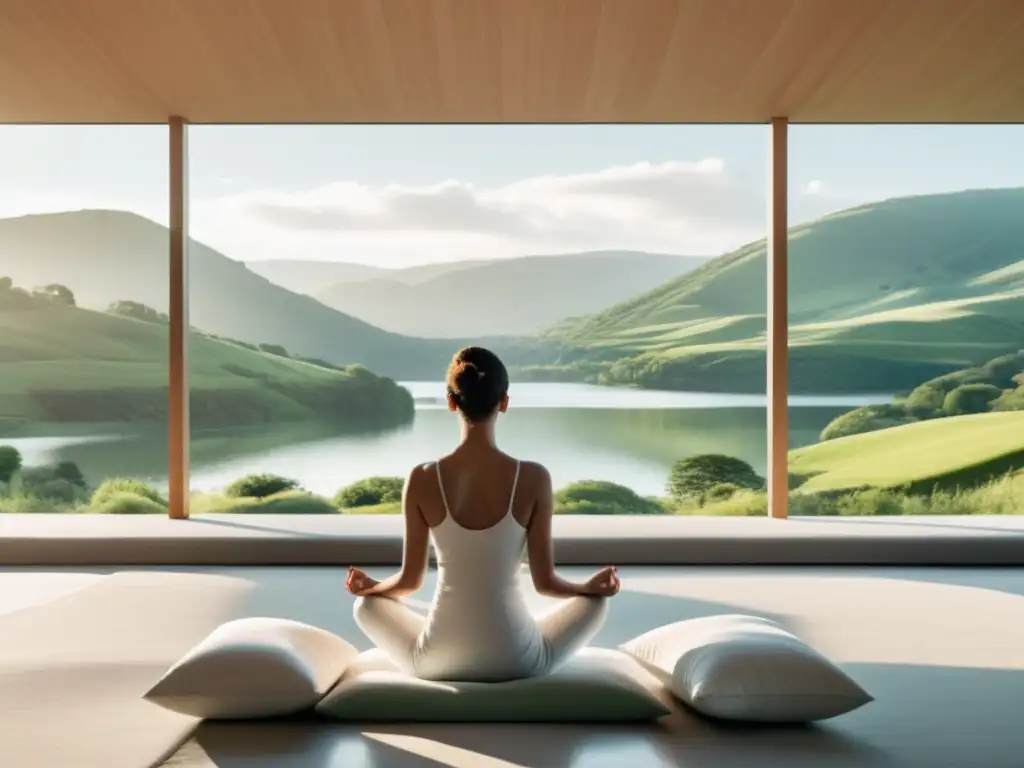 Persona en postura de meditación en una habitación luminosa con vista a un paisaje verde y tranquilo