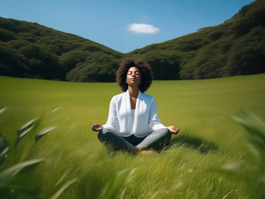 Consejos equilibrio emocional salud mental: persona en campo verde con cielo azul, tranquilidad y conexión con la naturaleza