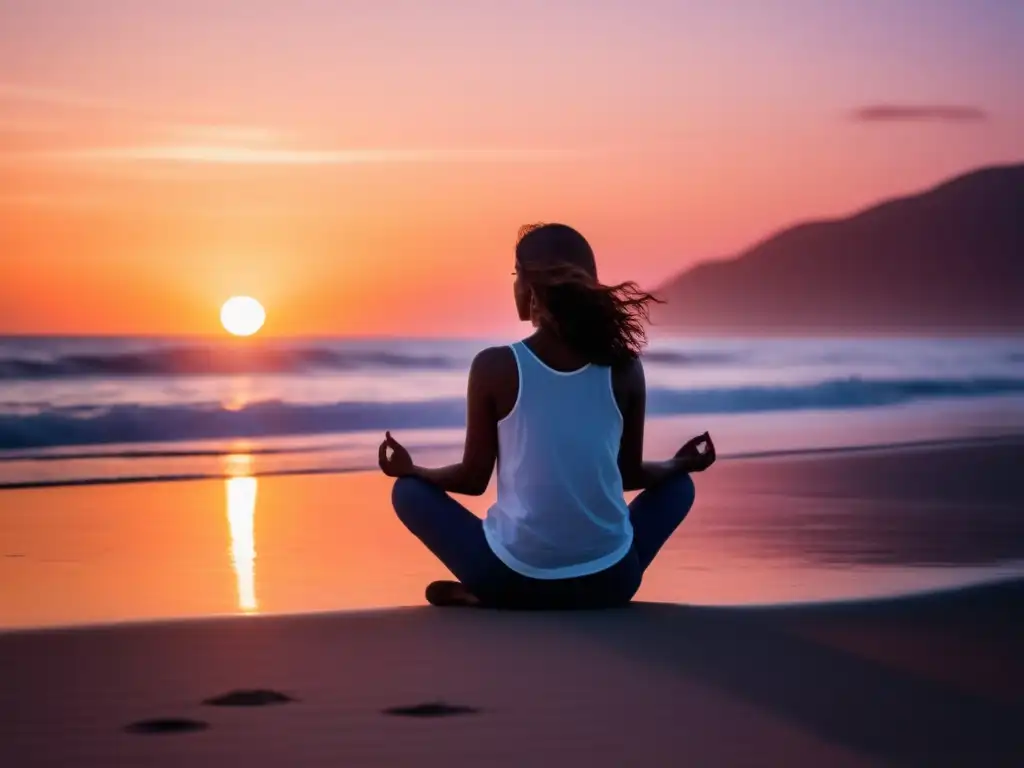 Técnicas manejo estrés ansiedad en una imagen serena y minimalista de una persona en la playa al atardecer