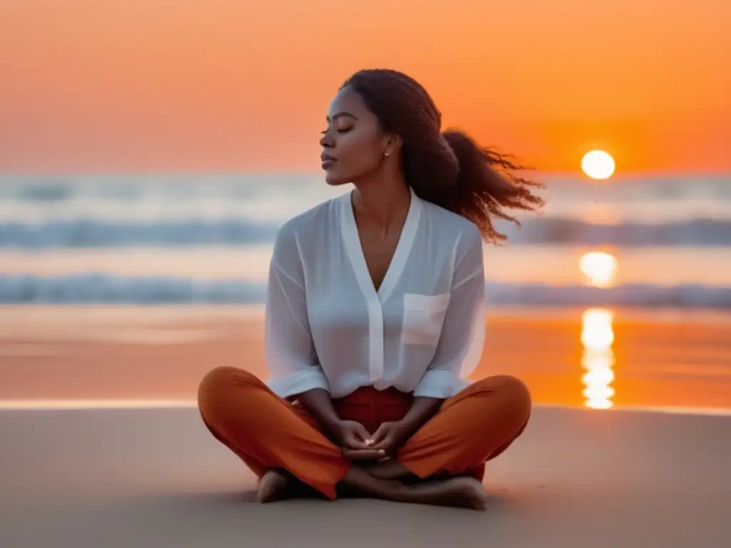 Mujer en la playa al atardecer, practicando mindfulness para la menopausia