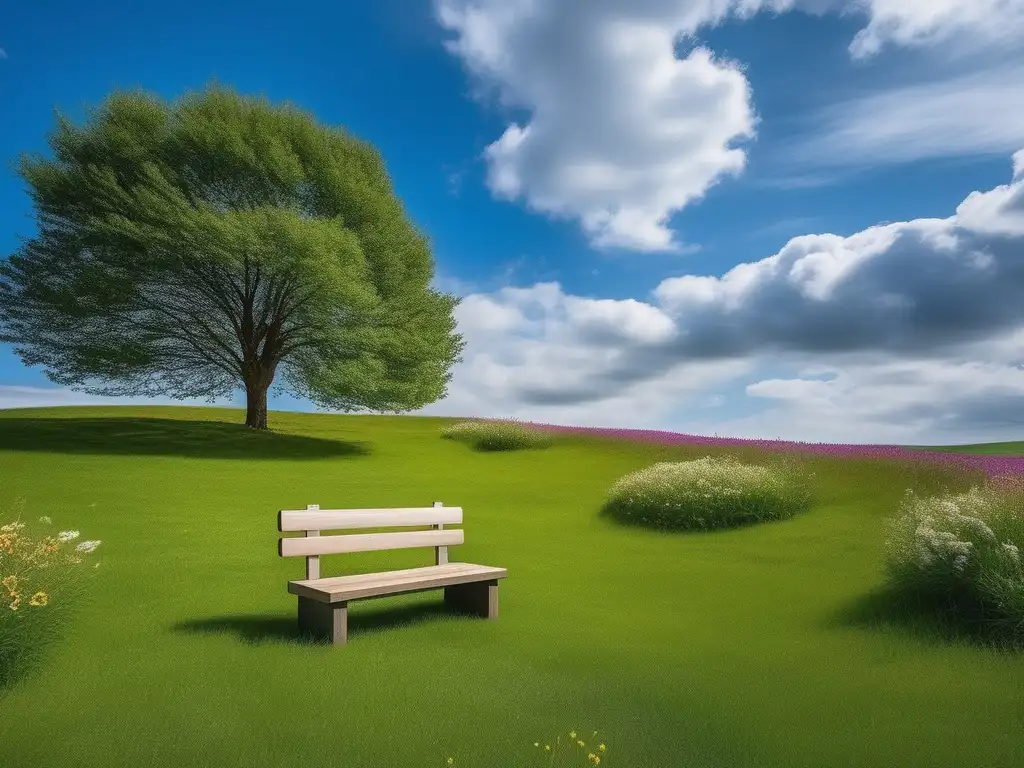 Efectividad PNL en terapia: Imagen serena y tranquila de un prado verde con flores silvestres, cielo azul y banco bajo un árbol majestuoso