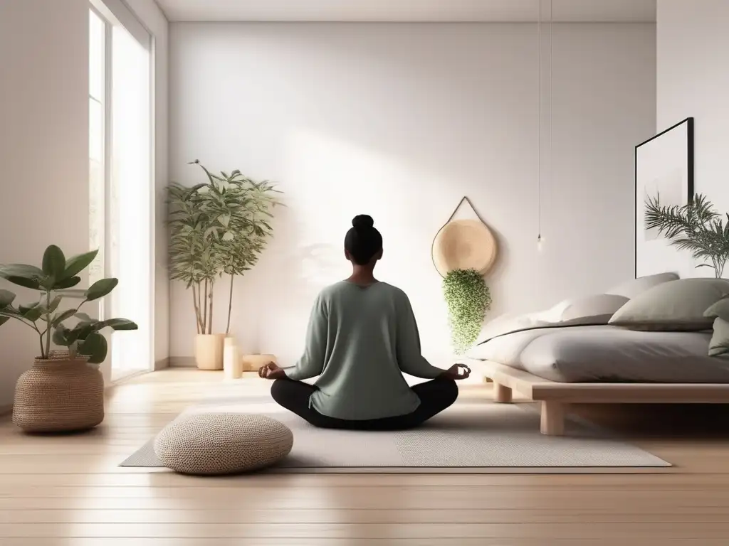 Serene bedroom with mindfulness meditation, promoting benefits for migraines