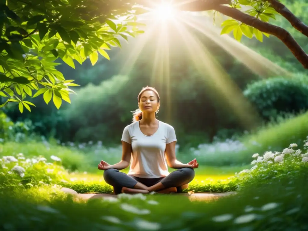 Persona en meditación en entorno natural, transmitiendo beneficios del mindfulness para el estrés crónico