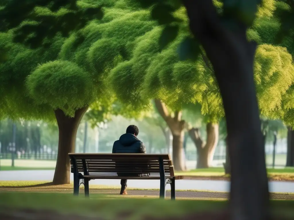 Señales de alerta salud mental en persona solitaria en parque rodeada de árboles verdes