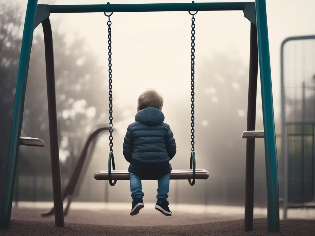 Un niño solitario en un columpio, con mirada triste