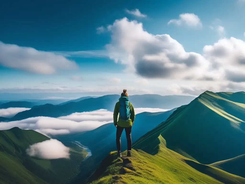 Mejorar autoestima y empoderamiento: persona confiada en la cima de una montaña rodeada de paisaje impresionante