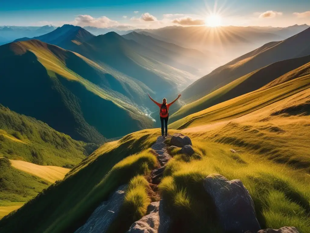 Persona en la cima de una montaña, abrazando el éxito y rodeada de un paisaje impresionante - Importancia de las emociones en metas