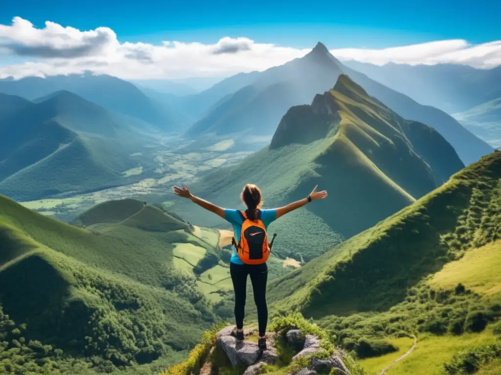 Persona triunfante en la cima de una montaña, rodeada de paisaje exuberante y cielo azul