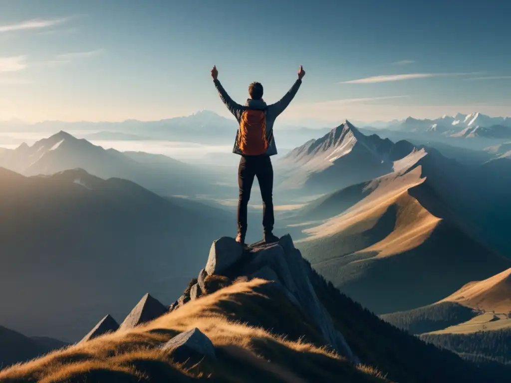 Persona empoderada en la cima de una montaña, simbolizando crecimiento personal y transformación