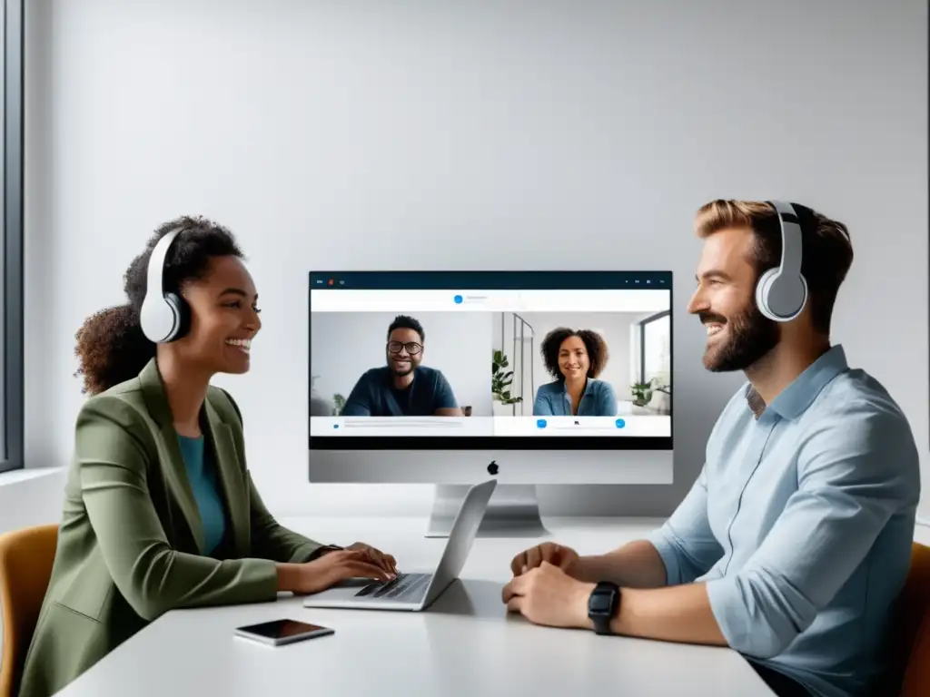 Dos personas en video llamada, con expresiones enfocadas y ambiente minimalista - Técnicas de comunicación asertiva en línea