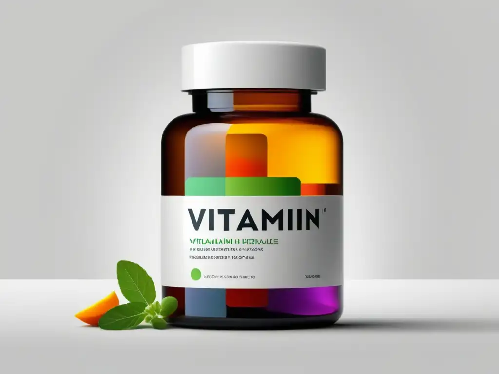 Beneficios vitaminas para el estado de ánimo: botella moderna, vitaminas coloridas, etiqueta minimalista