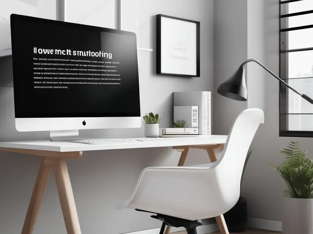 Espacio de trabajo moderno y minimalista con escritorio blanco, monitor de alta resolución, silla ergonómica y luz natural