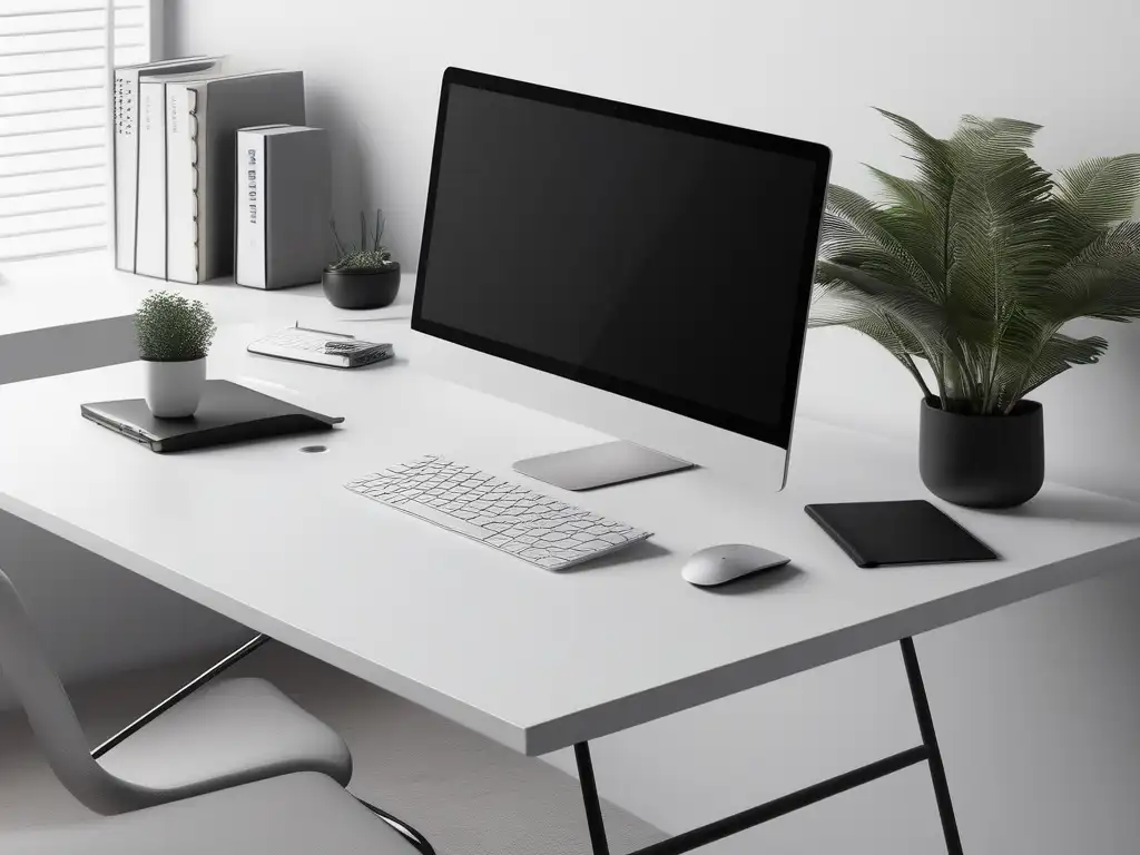 Espacio de trabajo minimalista con diseño moderno y equilibrio vida personal startup