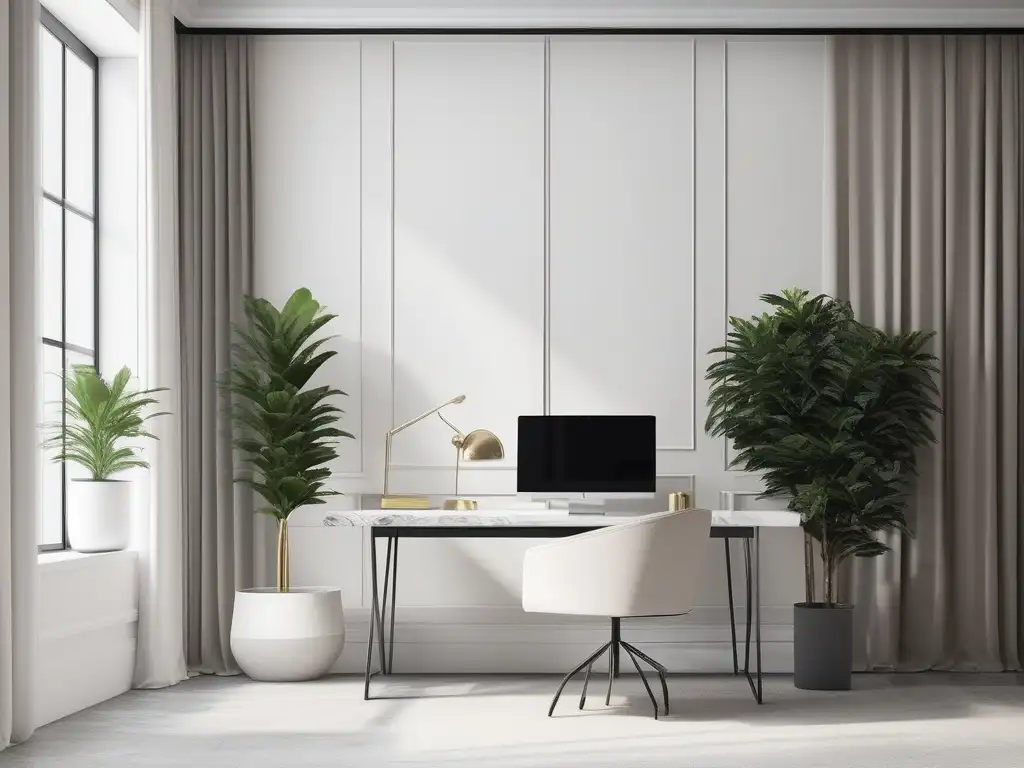 Un espacio de trabajo minimalista y tranquilo con un escritorio de mármol blanco pulido, una silla ergonómica y una planta en maceta