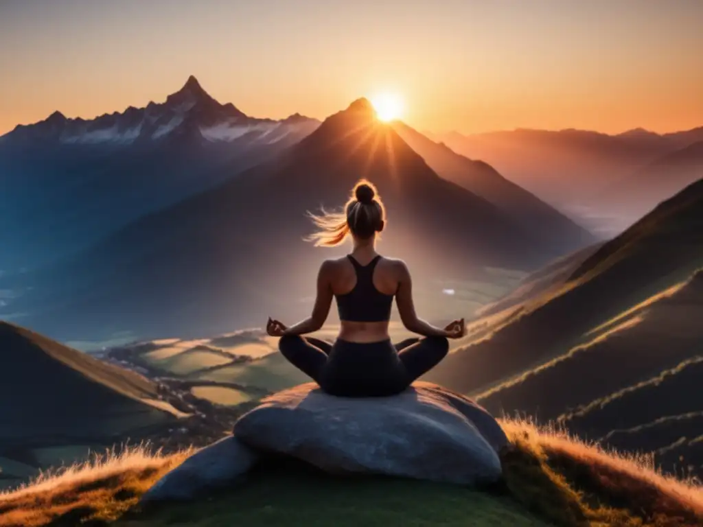 Persona practicando yoga en montaña al amanecer, prevención del burnout con hábitos saludables